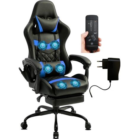Chaise Gaming similicuir repose-pieds massage 6 points bleu