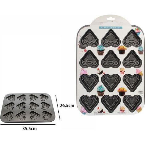 TrAdE Shop Traesio - Stampo Teglia Vassoio Antiaderente Per 12 Muffin Cupcake Dolci Budino Cuori 59947 - (1/2)