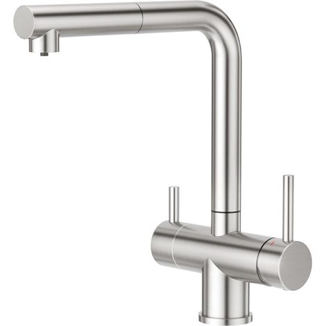 Robinet Cuisine 3 Voies avec Douchette Extractible, Mitigeur 3 Voies Cuisine Pivotant à 360°, Robinetterie Cuisine Eau Potable, Robinet Évier de Cuisine avec Sortie Eau Filtrée,Chrom