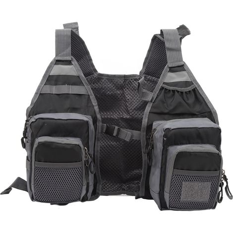 Gilet de pêche 8 poches toile Oxford bandes réfléchissantes doublure mesh réglable équipement de pêche extérieur noir (1/5)