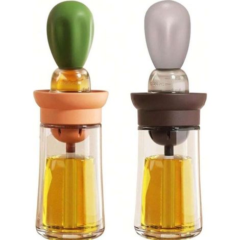 Distributeur d'huile d'olive avec pinceau, lot de 2, bouteille 2 en 1 avec pinceau à badigeonner, pour la cuisson, la friture, la pâtisserie, gris et vert (1/4)