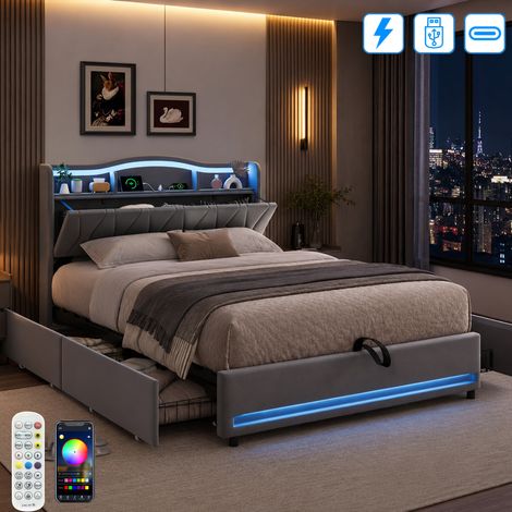 Lit 160 x 200, Lits Double avec LED et Multiprise USB Tpye C, Cadre de Lit en Métal avec 4 Tiroirs, Tête de Lits en Bois Capitonnée avec Compartiments, Lits 160 x 200 avec Sommier et Rangement, Gris (1/5)
