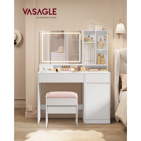 Vasagle – Coiffeuse enfant avec miroir éclairé et 2 prises USB – Largeur 110 cm – Tabouret rembourré blanc et rose – Panneau MDF (1/5)