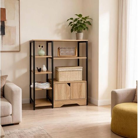Bibliothèque 80x35x97 cm en bois chêne clair, avec rangement pour bureau et salon FloraGrace (1/5)