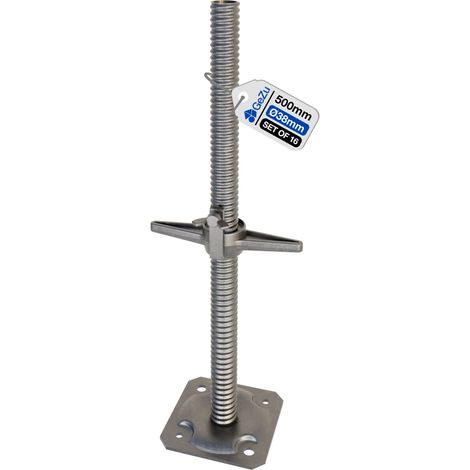 Lot de 16 Pied d’échafaudage avec tige filetée galvanoplastie 500 x 38 mm – plaque de pied réglable robuste – GeZu Impex