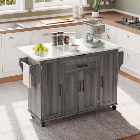Ilot central de cuisine mobile - Plateau extensible - Avec étagère à épices et porte-serviettes - 2 tiroirs et 4 portes - MDF - Gris