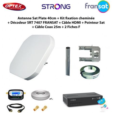 Antenne Sat Plate 40cm + Kit fixation cheminée + Décodeur SRT 7407 FRANSAT + Câble HDMI + Pointeur Sat + Câble Coax 25m + 2 Fiches F (1/5)