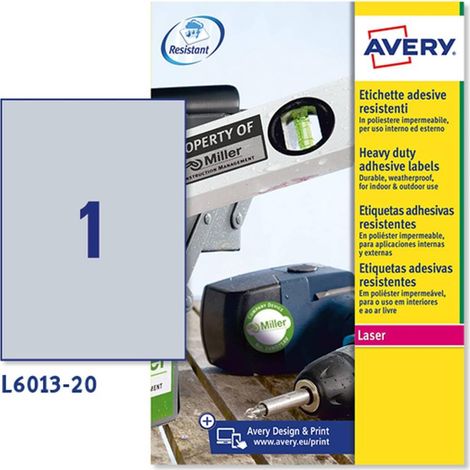 Avery L6013-20- Set di Etichette per Identificare Cavi ElettriciArgento, 210 x 297, 20 Pezzi