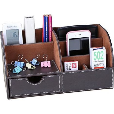 7 Compartiments PU Cuir Accessoires de Bureau Organiseur de Bureau Collection Boîte de Rangement Papeterie Tidy Desktop Office Papeterie Boîte(Marron) (1/5)
