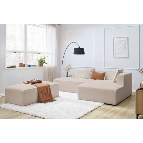 BOBOCHIC - Canapé d'angle fixe modulable MEGEVE tissu bouclette avec pouf Angle droit Beige (1/5)