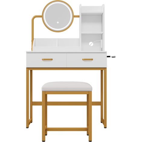 Tocador moderno con espejo LED, puertos USB y taburete, blanco y dorado, 80 x 40 x 138,5 cm (1/5)