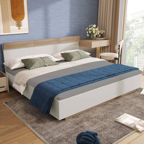 Lit double bois flottant 205x144 cm, sommier à lattes et tête de lit, finition chêne sonoma blanc, sans matelas (1/5)