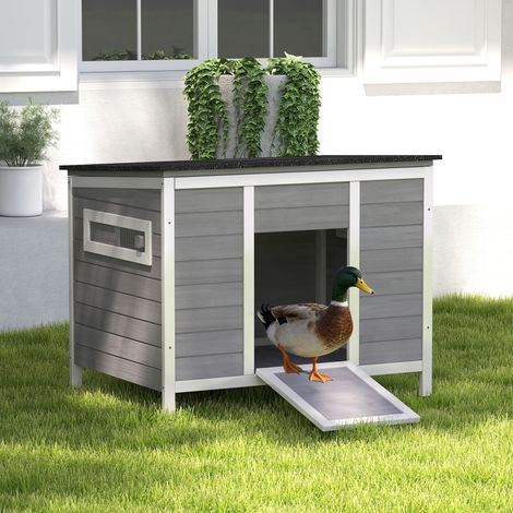 Caseta de madera para patos, resistente a la intemperie, con suelo desmontable, ventana corredera abatible, techo de asfalto, 93x70x72cm, gris. (1/5)