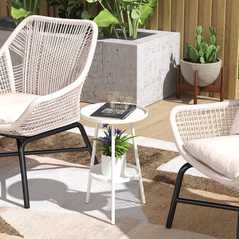Table ronde Ø32x51 cm blanc de jardin à 2 niveaux avec bords surélevés, plateau inférieur pour l’extérieur et l’intérieur (1/4)