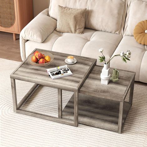 GOPLUS Lot de 2 Tables Basses Gigognes en Bois de Caoutchou, Table de Salon avec Plateau et Étagère Ouverte, Gain de Place avec Rangement,Charge 100KG (1/5)