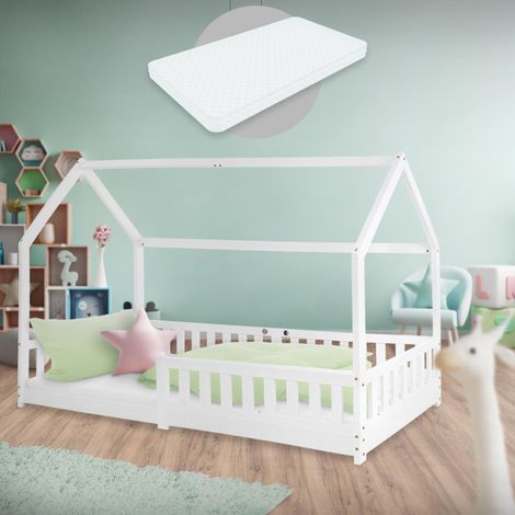 ML-Design Cama Infantil Casa Blanca 90x200 cm de Madera de Pino con Colchón de Espuma Fría 16cm, Protección Anticaída y Techo, Somier de Listones, Cuna de Suelo, Lecho para Niño Forma Casita de Juego (1/5)