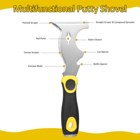 Spatule multifonctionnelle en acier inoxydable 420 avec poignée antidérapante bicolore, grattoir à peinture, couteau 10 en 1, outil multi-usages pour peintres, spatule à ruban adhésif, outil de travai (1/5)