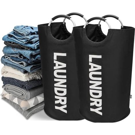 Sac à linge pliable, 90 l, lot de 2, avec poignée en aluminium, pliable pour un rangement facile, (noir + noir) (1/4)