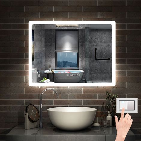80 x 60 cm LED+Beschlagfrei+3 Lichtfarben Dimmbar+Uhr+Helligkeit Memory Funktion