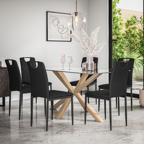 Etta Glass Dining Table And Chairs - Glass Top w Solid Oak Legs + Monza Faux Leather Dining Chair Set Of 6 (Black) (1/5)