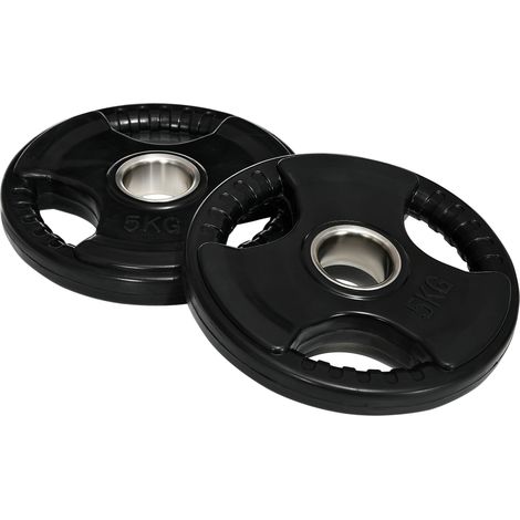 Dischi pesi olimpici in gomma 2 x 5 kg con tre maniglie, foro da 5 cm, neri (1/5)