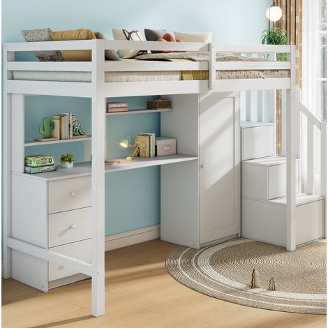 Kinder-Etagenbett 204x94x165 cm Weiß Holz mit Schreibtisch, platzsparend, ohne Matratze – MEUBLIV (1/5)