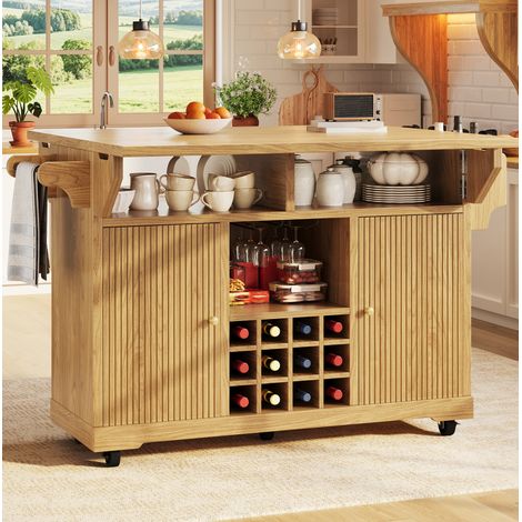 Carrito de cocina móvil de 142,5 x 80 x 95 cm con extensiones plegables, espacio de almacenamiento y botellero, MDF - natural (1/5)