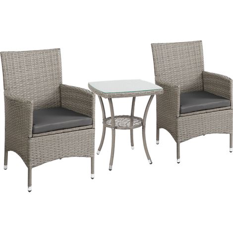 3 Pieces Rattan Bistro Set, Wicker Garden Furniture Set with 2-Tier Coffee Table Chairs, Washable Cushions, for Outdoor Patio Balcony, Grey (1/5)