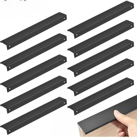 Lot de 10 poignées invisibles pour meubles, poignées de tiroir dissimulées en alliage d'aluminium de 250 mm, poignées épurées, poignées noires modernes avec 20 vis incluses. (1/5)