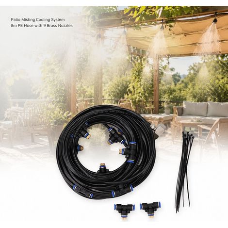 Sistema di nebulizzazione - Tubo flessibile da 8 m - 9 ugelli in ottone - Raffreddamento per patio, giardino, serra, cortile - Robusto ed efficiente dal punto di vista idrico (1/5)