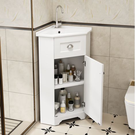 Waschtischunterschrank mit Keramikbecken, MDF, Weiß, 59 x 42,5 x 90,5 cm OKMYHOME (1/5)