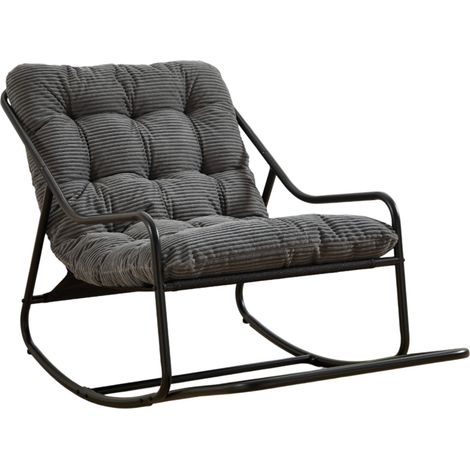 Fauteuil à bascule d'extérieur avec coussin épais gris, structure noire en acier, pour salon et chambre (1/5)