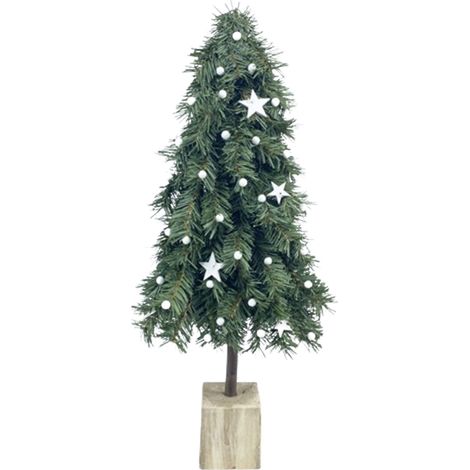 Sapin de Noël artificiel en sapin de Noël avec boules blanches et étoiles, décoré d'un faux sapin et d'un socle en bois. (1/2)