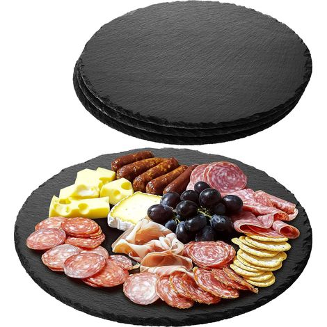 Lot de 4 Plateaux Ronds en Ardoise Naturelle Ø28cm - Service Élégant pour Fromage et Tapas - Idéal Apéritif et Buffet (1/5)
