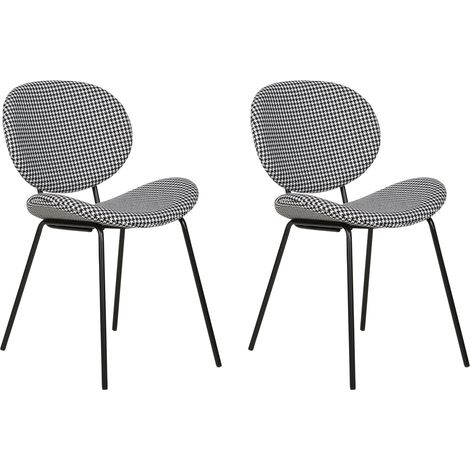 Conjunto de 2 sillas de tela patas de hierro negro con tapones sin reposabrazos diseño retro pata de gallo asientos de comedor blanco y negro Luana