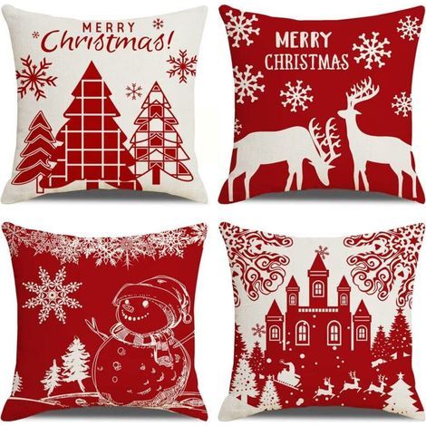 Pair Weihnachtskissenbezüge, 4er-Set, mit Rentier-, Burg- und Schneemannmotiv, 45 x 45 cm, für Sofa, Schlafzimmer oder Wohnzimmer