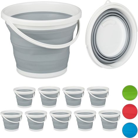 Relaxdays Set of 10 Folding Buckets, 10L Mopping Bin, Collapsible for Car, Camping and Festivals, Grey