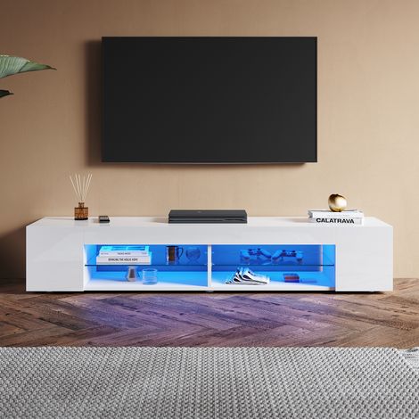 SONNI Hochglanz TV Schrank mit Verstellbaren LED-Lichtern, Offenes Glasregal, Ideal für Wohnzimmer und Schlafzimmer, Weiß, 1600 x 390 x 300 mm (1/5)