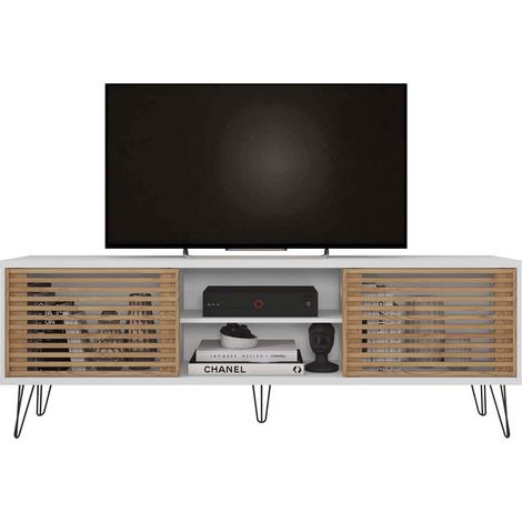 Meuble TV avec 2 portes coloris blanc, chêne buriti - longueur 180 x profondeur 36 x hauteur 46 cm -PEGANE- (1/2)