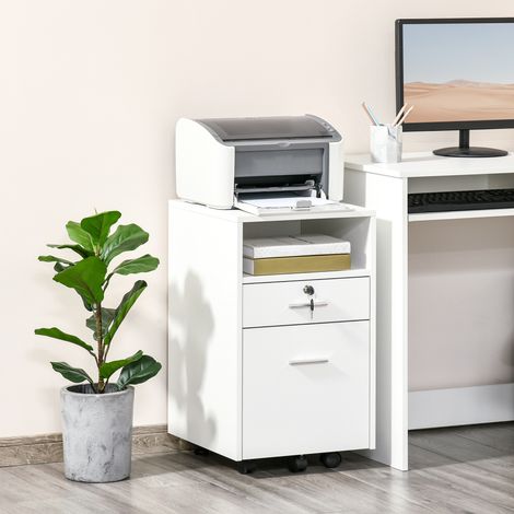 Classeur de bureau à 2 tiroirs. 5 roulettes et étagère ouverte. Caisson de rangement avec serrure et 2 clés, format lettre/A4. Classeur vertical pour bureau. 39 x 40 x 65 cm. Blanc.