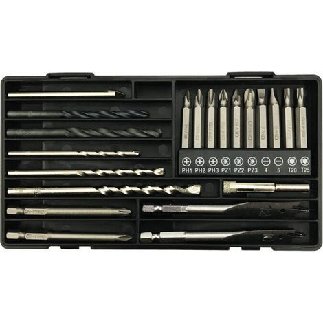 Schraubendreher-Bit-Set, multifunktionales Schraubendreher-Bit-Set mit HSS-Bits, Steinbohrern, Holzbohrern, Spachtel-Holzbohrern, Lochsäge, Schlitzbohrern.