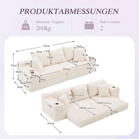 Canapé-lit en velours côtelé compressif avec dossier haut et coussins supplémentaires, poches latérales et porte-gobelets, convertible en canapé-lit, revêtement moelleux pour un confort optimal, beige (1/4)