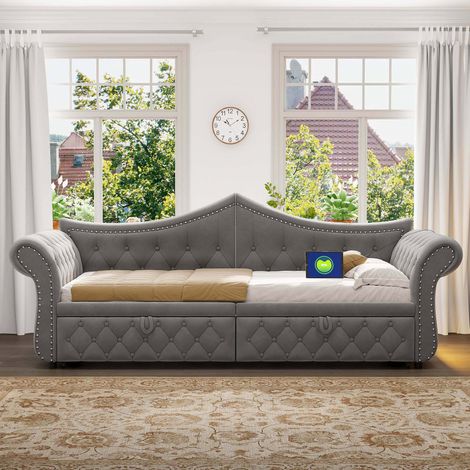 Lit gigogne banquette 90x200 cm extensible 180 cm - LED et USB - sommier à lattes - velours - gris (1/4)
