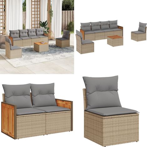 7-tlg. Garten-Sofagarnitur mit Kissen Beige Poly Rattan - Gartensortiment - Gartenmöbelset - Outdoor Möbel - Lounge Set - Rattan Gartenmöbel - Home & Living (1/5)