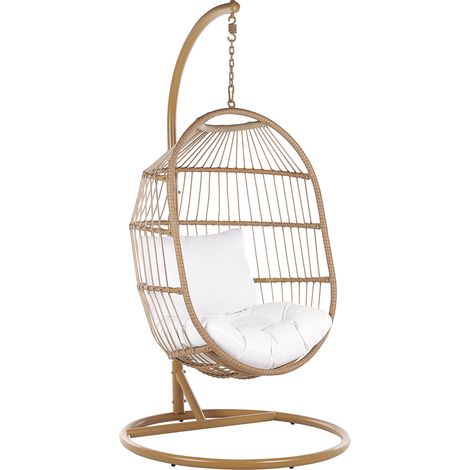 Silla colgante de ratán color natural con soporte de metal forma de huevo 2 cojines suaves boho rústico Alba (1/5)