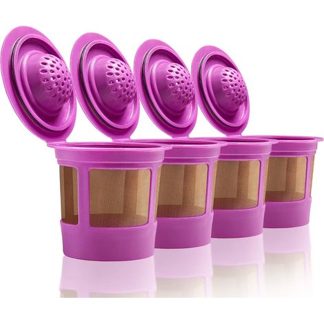 Cuatro cápsulas K-Cup reutilizables de color morado y filtros de café para cafeteras Keurig, compatibles con los modelos Keurig 1.0 y 2.0. (1/5)