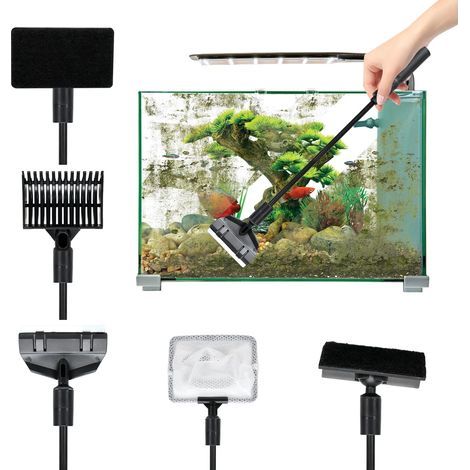 5-in-1 Aquarium-Reinigungsset: Aquarium-Reinigungswerkzeug mit Netz, Algenkratzer, Kiesbürste, Kiesrechen, Glas (1/5)