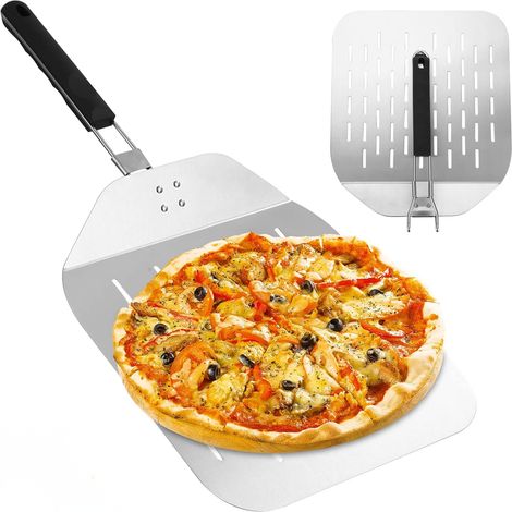 Pala de pizza profesional perforada de acero inoxidable, 30 x 29 cm, soporte estable para horno y barbacoa