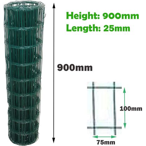 Green Wire Mesh Roll Garden Fencing PVC Coated Galvanised Steel Wire, 0.9m x 25m, Easy to Cut for Indoor Outdoor Chicken Rabbit Fence Garden Barrier Netting 100mm x 75mm Mesh Hole