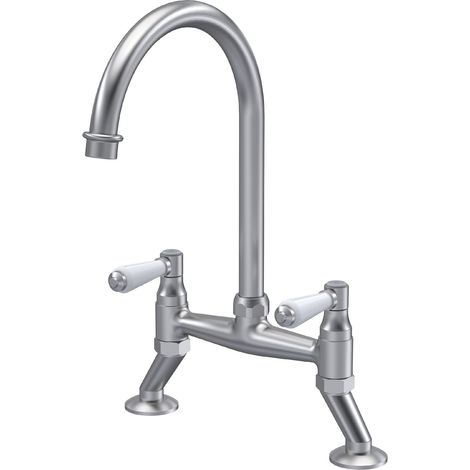 Norbury Traditional Bridge Mixer Kitchen Tap with Lever Handles - Brushed Nickel (1/4)